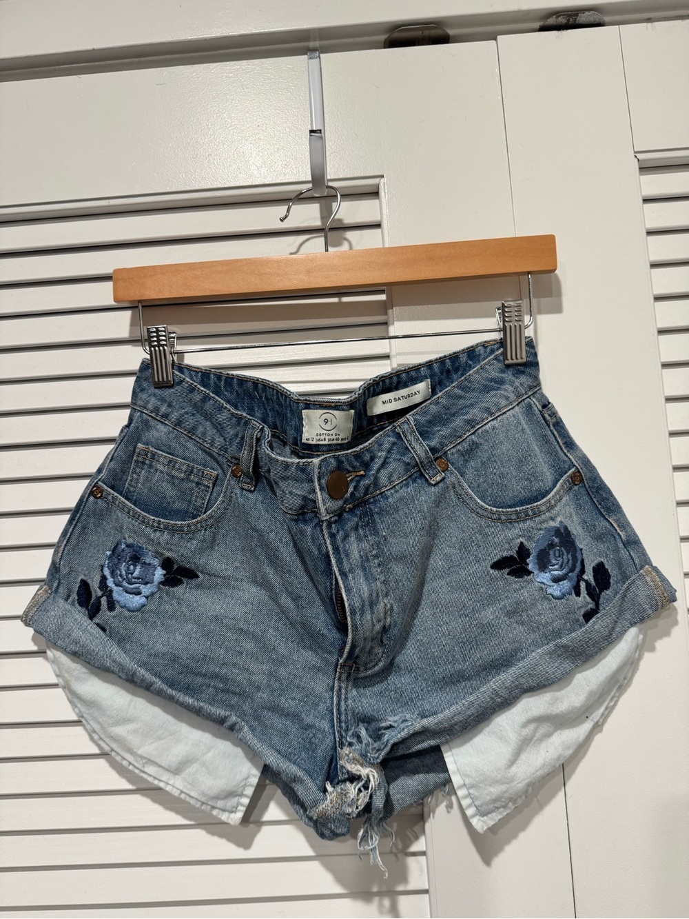 Cotton On Blue Denim Shorts with Embroidered Roses